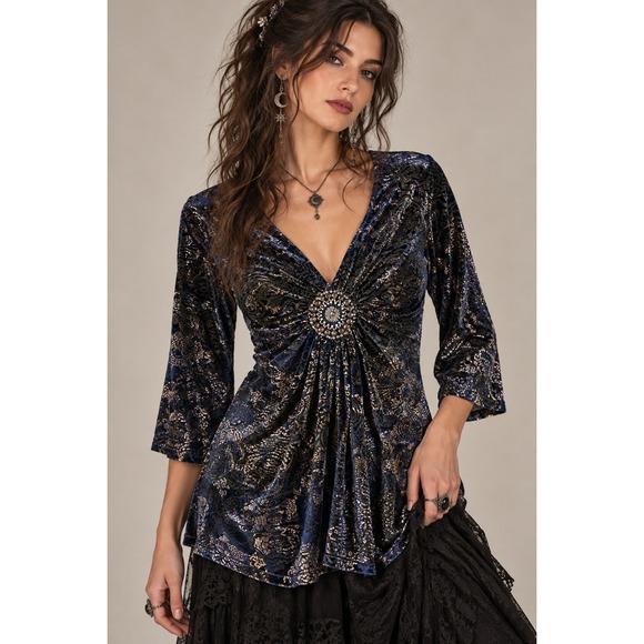 dressbarn Tops - Dressbarn Blue Black Velour Burnout Top Medium Y2K Whimsigoth Dark Romantic